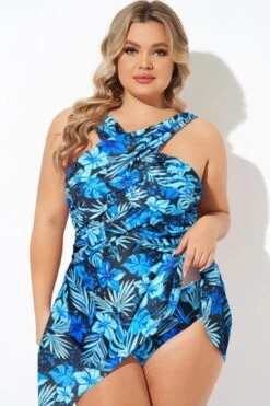 Blue Floral Printed High Neck Wrap Swimdress -Bikini By Muse b sfsd2003011 44