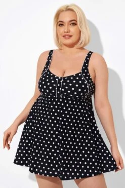 Black Dot Retro Round Neck Wide Strap Swimdress -Bikini By Muse b sfsd2003039 5