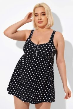 Black Dot Retro Round Neck Wide Strap Swimdress -Bikini By Muse b sfsd2003039 6