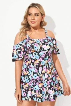 Floral Printed Off-the-Shoulder Flounce Swimdress -Bikini By Muse b sfsd2003054 4