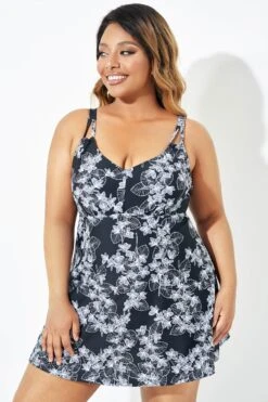 Black Floral Printed Double Strap Women Swimdress -Bikini By Muse b sfsd2003068 4