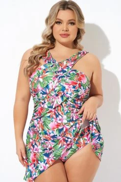 Tropic Pattern High Neck Wrap Front Swimdress -Bikini By Muse b sfsd2003147 3