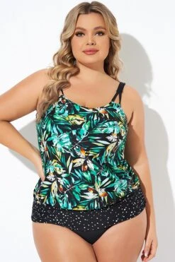 Green Leaf Adjustable Straps Blouson Tankini Top -Bikini By Muse b sftan010006 3
