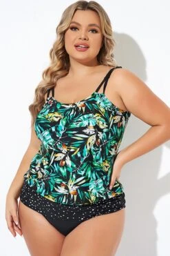 Green Leaf Adjustable Straps Blouson Tankini Top -Bikini By Muse b sftan010006 4