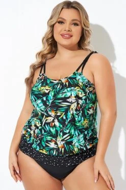 Green Leaf Adjustable Straps Blouson Tankini Top -Bikini By Muse b sftan010006 5