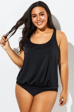 Black Racerback Tummy Control Blouson Tankini Set -Bikini By Muse b sftan1911062 4