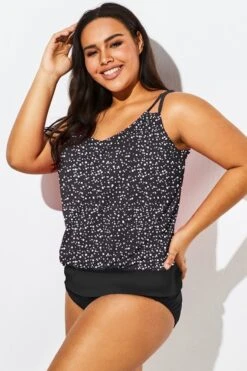 Black White Dot Loop Strap Blouson Tankini Top -Bikini By Muse b sftan1911127 44 1