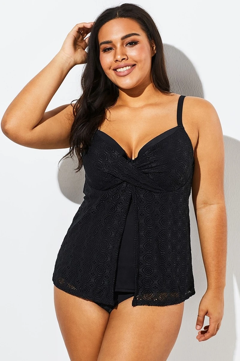 Black Faux Flyaway Flowy Twist Front Tankini Set 1 Black Faux Flyaway Flowy Twist Front Tankini Set