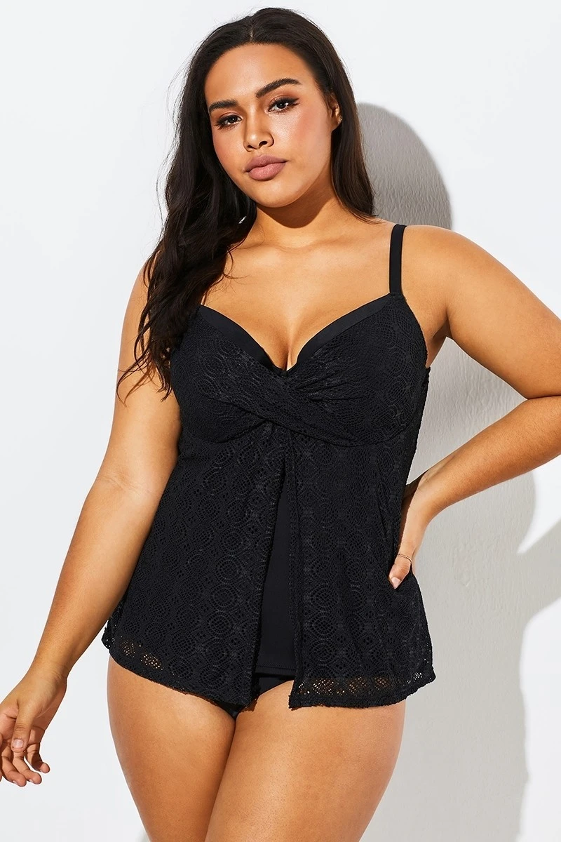 Black Faux Flyaway Flowy Twist Front Tankini Set 4 Black Faux Flyaway Flowy Twist Front Tankini Set - Image 4