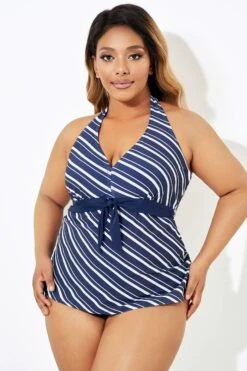 Blue & White Stripe Self-tie Halter Straps Tankini Top