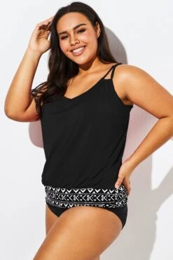 Black Scoopneck Tummy Control Tankini Top -Bikini By Muse b sftan1911188t 44