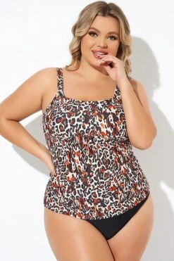 Leopard Print Scoopneck Adjustable StrapsTankini Top