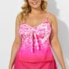 Pink Tie Front Tankini With Sorbet Side Slit Skirt