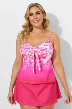 Pink Tie Front Tankini With Sorbet Side Slit Skirt