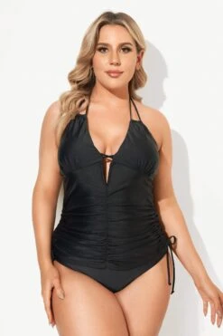 Black Deep V-Neck Self-Tie Plunge Tankini Set -Bikini By Muse b sftan2003052 4
