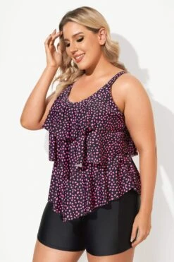 Black Pink Dot Tiered-Ruffle Tankini Set -Bikini By Muse b sftan2003097 4
