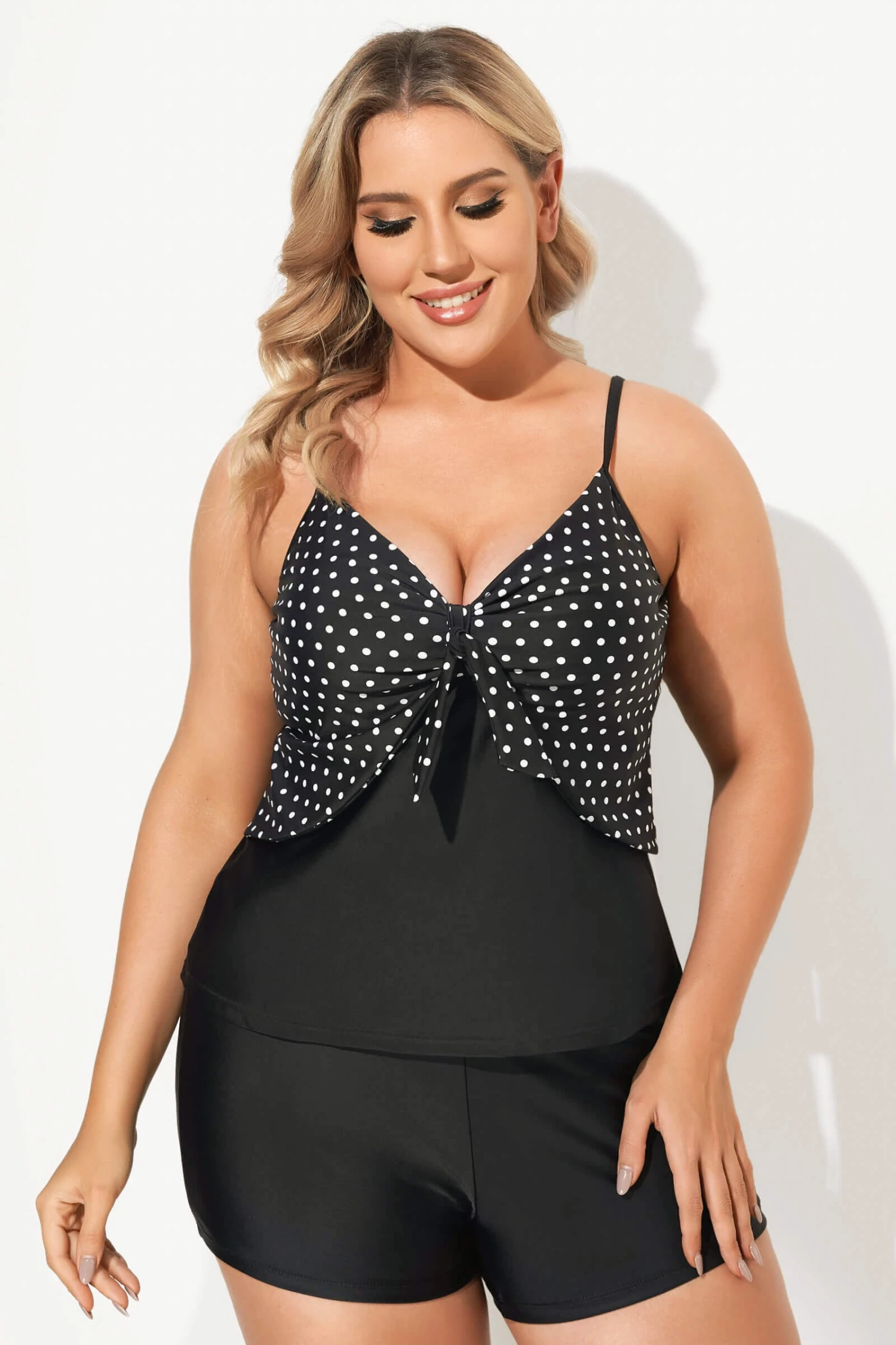 Black Dots Sweetheart Neck Tie Front Tankini Top 1 Black Dots Sweetheart Neck Tie Front Tankini Top