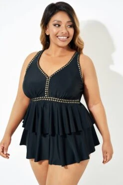 Black Gold Trim V-Neck Ruffle Tankini Top