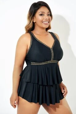 Black Gold Trim V-Neck Ruffle Tankini Top 8 Black Gold Trim V-Neck Ruffle Tankini Top -Bikini By Muse b sftan2003165 3