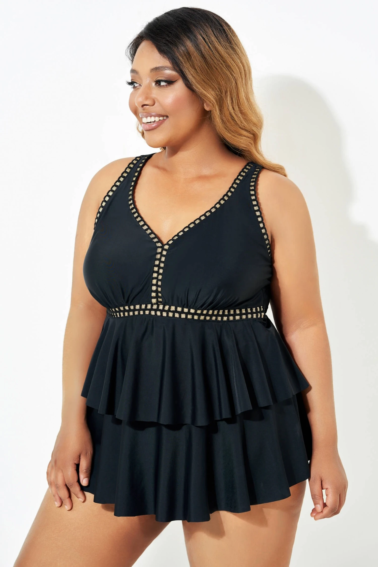 Black Gold Trim V-Neck Ruffle Tankini Top 4 Black Gold Trim V-Neck Ruffle Tankini Top - Image 4