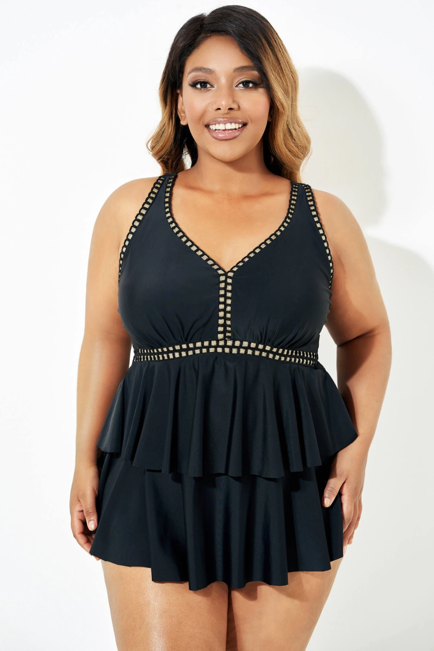 Black Gold Trim V-Neck Ruffle Tankini Top 5 Black Gold Trim V-Neck Ruffle Tankini Top - Image 5
