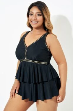 Black Gold Trim V-Neck Ruffle Tankini Top 11 Black Gold Trim V-Neck Ruffle Tankini Top -Bikini By Muse b sftan2003165 6