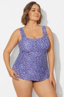 Blue Wide Straps Tie-Back White Speckle Tankini Top -Bikini By Muse b sftan2003261 6