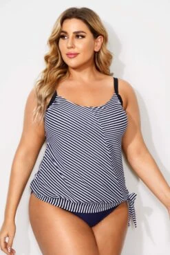 Black & White Stripe Side Tie V-Neck Tankini Top