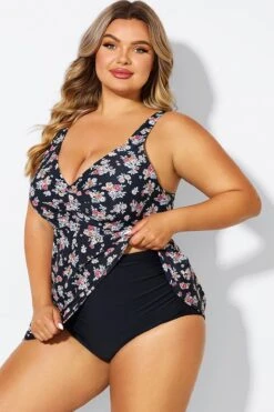 Floral Print V-Neck Adjustable Straps Tankini Top -Bikini By Muse b sftan2003334 5