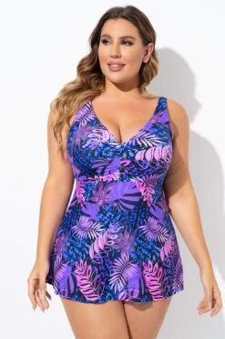 Purple Palm Leaf Adjustable Straps Tankini Top -Bikini By Muse b sftan2003335 5