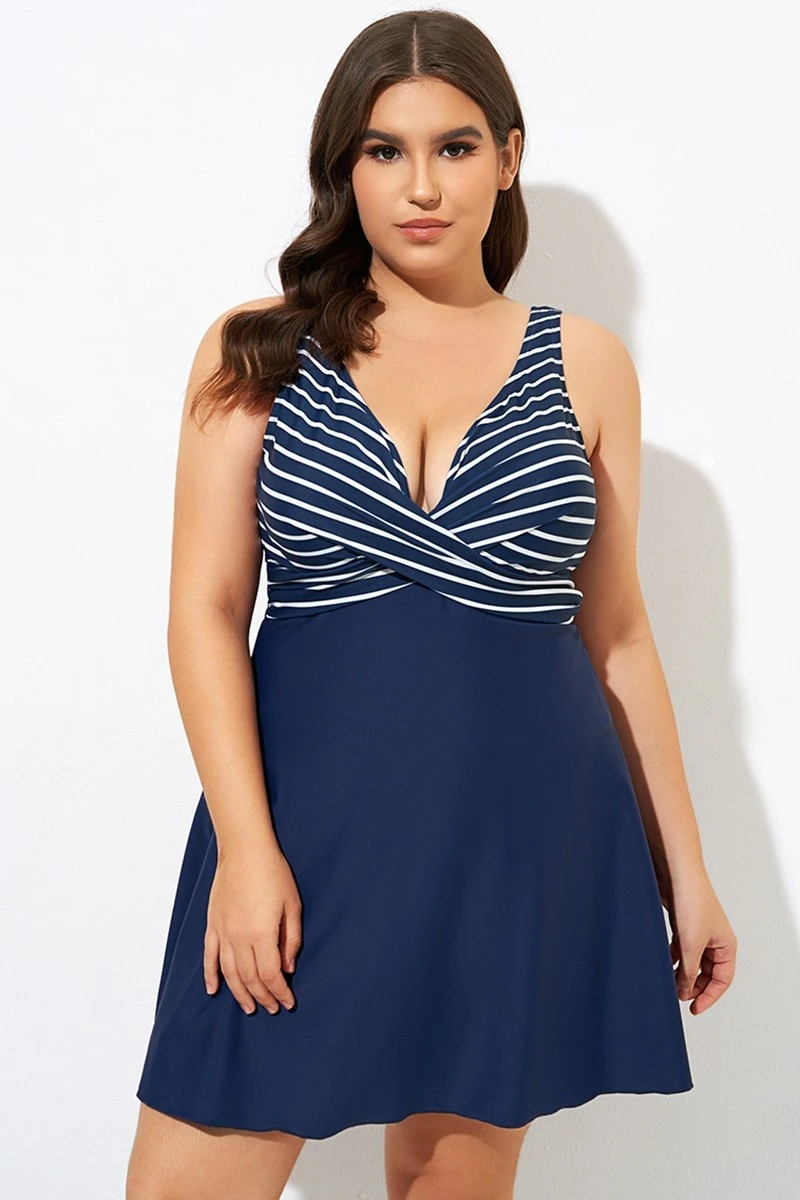 Navy And White Stripe Wrap Front Swimdress 3 Navy And White Stripe Wrap Front Swimdress - Image 3