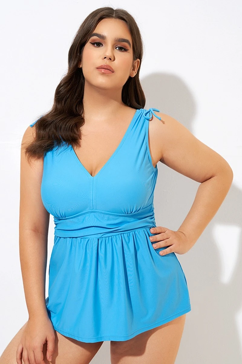 Blue Ruched Retro V Neck Tankini Top 3 Blue Ruched Retro V Neck Tankini Top - Image 3