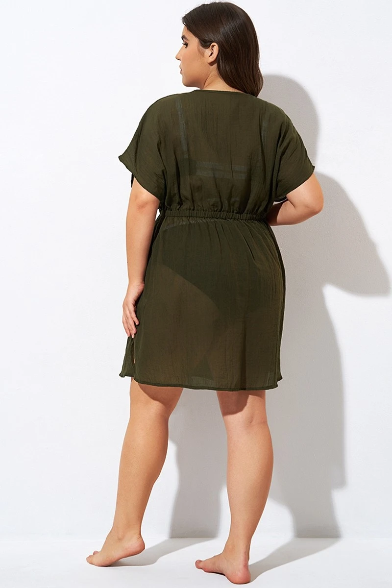Dark Green V Neck Elastic Waisted Cover Up 2 Dark Green V Neck Elastic Waisted Cover Up - Image 2