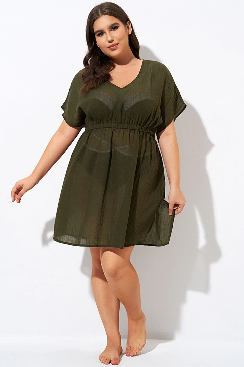 Dark Green V Neck Elastic Waisted Cover Up 3 Dark Green V Neck Elastic Waisted Cover Up - Image 3