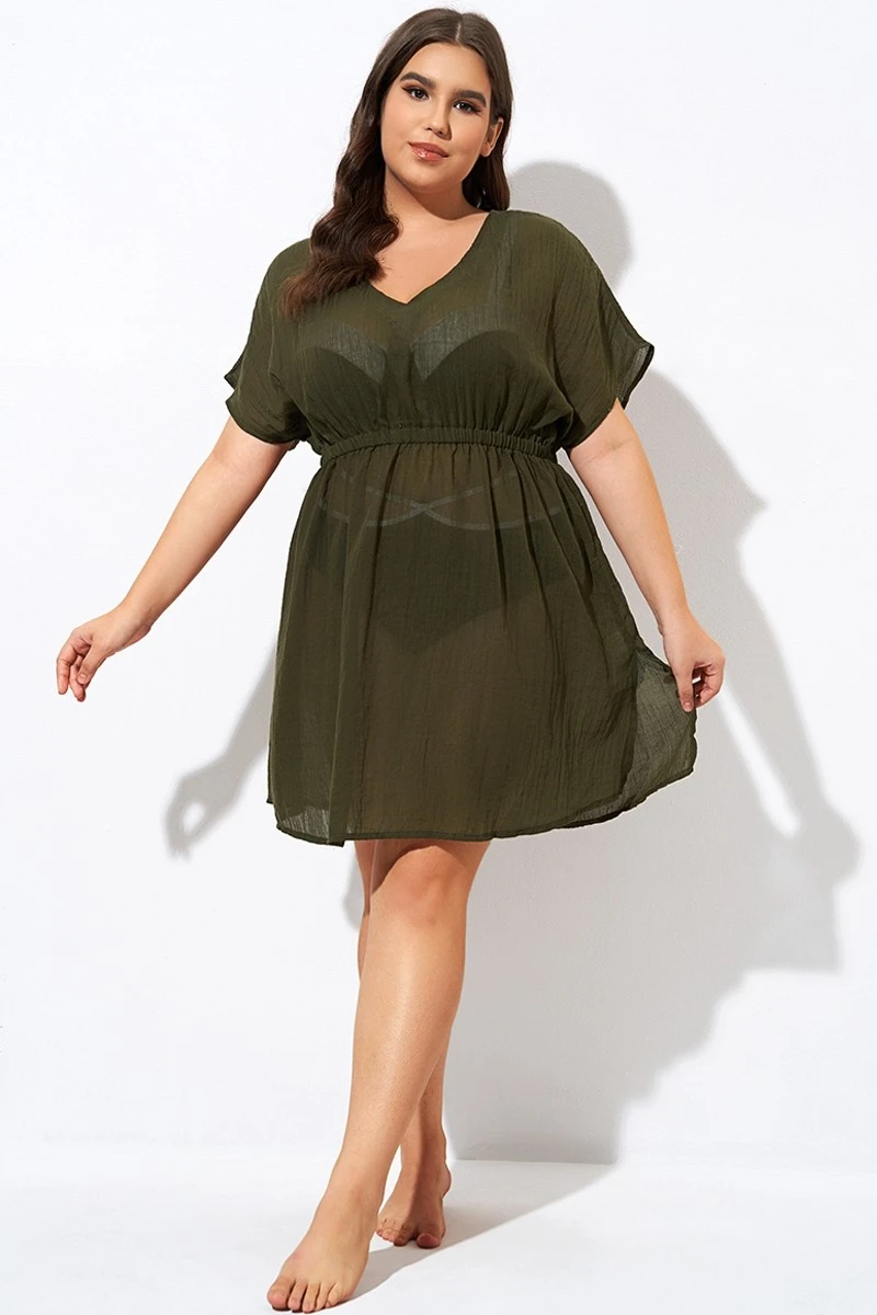 Dark Green V Neck Elastic Waisted Cover Up 4 Dark Green V Neck Elastic Waisted Cover Up - Image 4