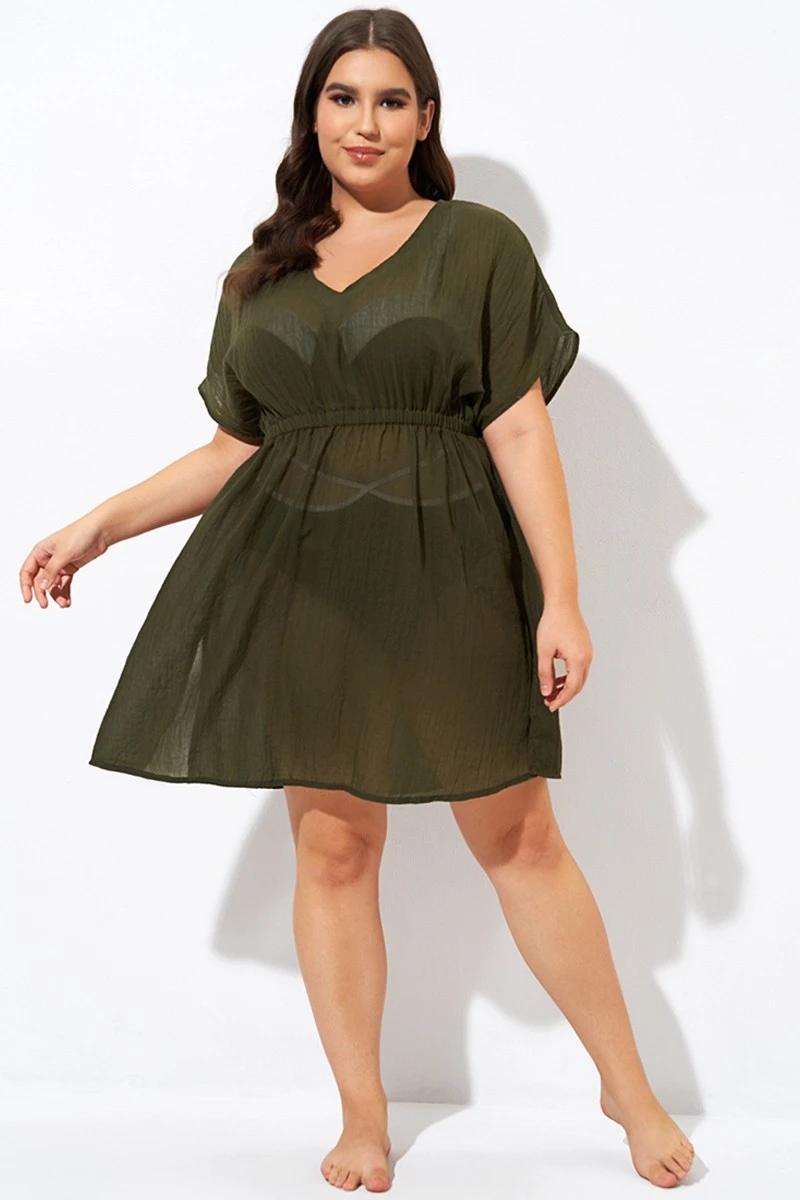 Dark Green V Neck Elastic Waisted Cover Up 5 Dark Green V Neck Elastic Waisted Cover Up - Image 5