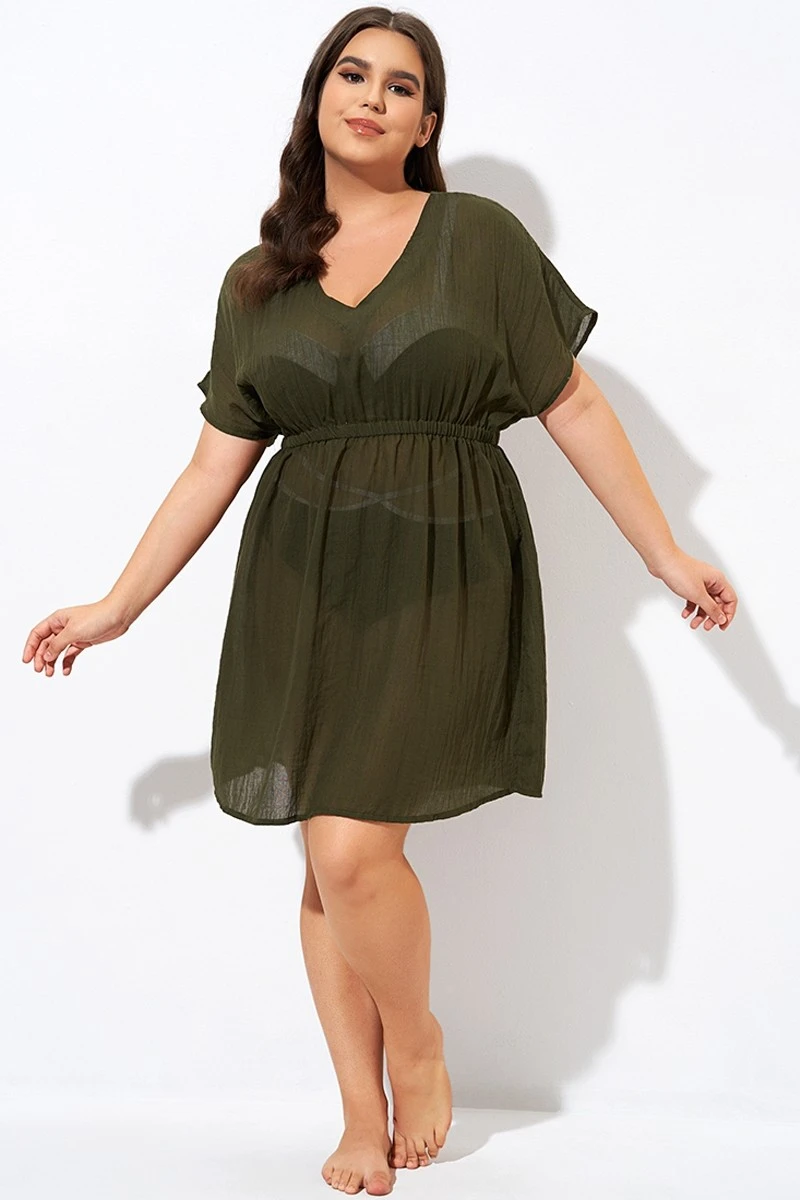 Dark Green V Neck Elastic Waisted Cover Up 6 Dark Green V Neck Elastic Waisted Cover Up - Image 6