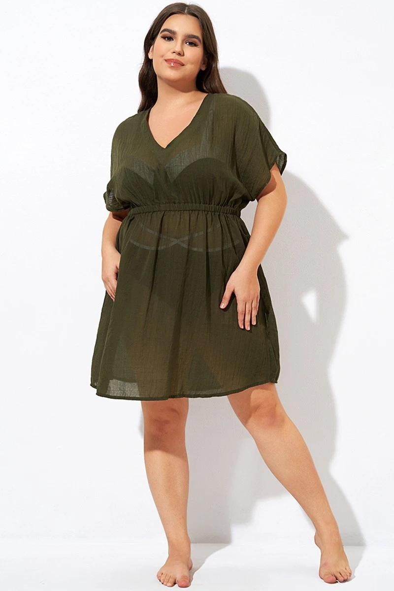Dark Green V Neck Elastic Waisted Cover Up 1 Dark Green V Neck Elastic Waisted Cover Up