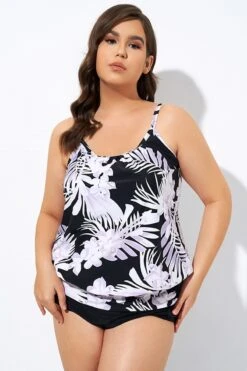 Leaf Printed Adjustable Straps Lady's Blouson Tankini Top -Bikini By Muse dsc06888