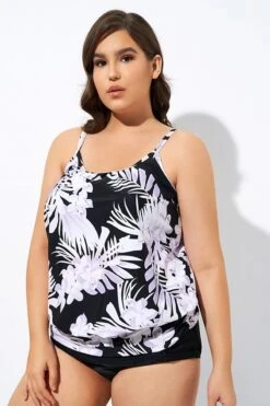 Leaf Printed Adjustable Straps Lady's Blouson Tankini Top