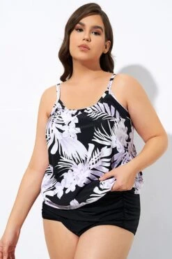 Leaf Printed Adjustable Straps Lady's Blouson Tankini Top -Bikini By Muse dsc06943