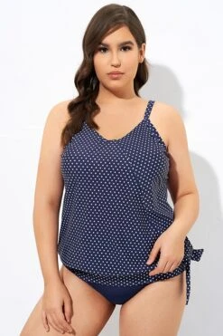 Navy Pindot Women Side Tie Round Neck Tankini Top -Bikini By Muse dsc07014