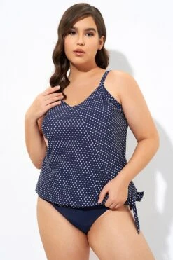 Navy Pindot Women Side Tie Round Neck Tankini Top
