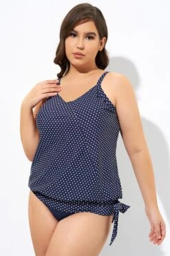 Navy Pindot Women Side Tie Round Neck Tankini Top -Bikini By Muse dsc07052