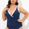 Blue Twist Front Plunge White Trim One Piece Swimsuit