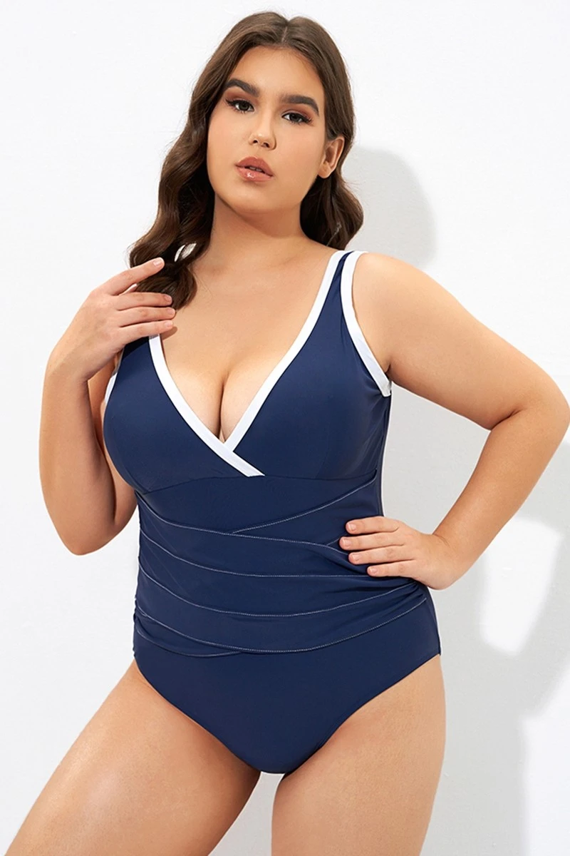 Blue Twist Front Plunge White Trim One Piece Swimsuit 1 Blue Twist Front Plunge White Trim One Piece Swimsuit