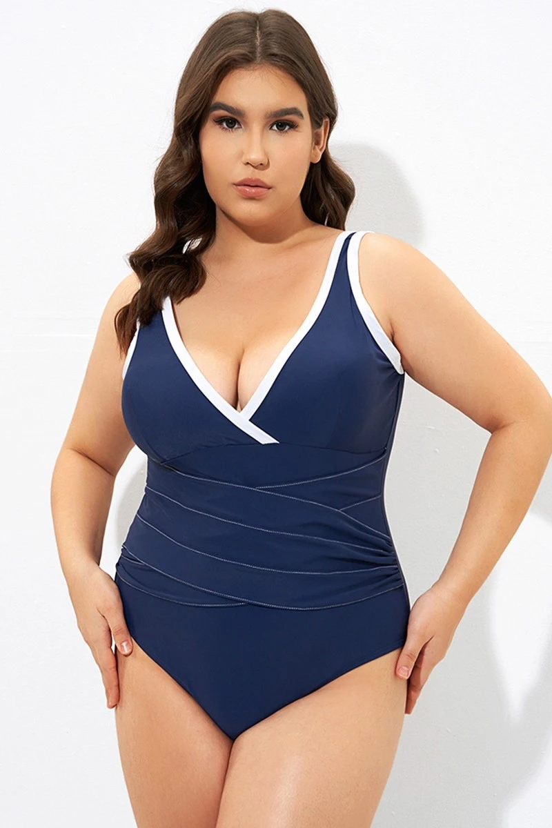 Blue Twist Front Plunge White Trim One Piece Swimsuit 3 Blue Twist Front Plunge White Trim One Piece Swimsuit - Image 3