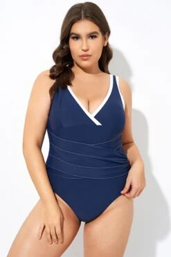 Blue Twist Front Plunge White Trim One Piece Swimsuit 10 Blue Twist Front Plunge White Trim One Piece Swimsuit -Bikini By Muse dsc07396