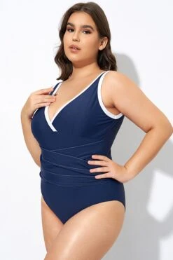 Blue Twist Front Plunge White Trim One Piece Swimsuit 11 Blue Twist Front Plunge White Trim One Piece Swimsuit -Bikini By Muse dsc07431