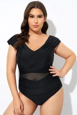 Black Mesh Cap Sleeve Cut Out One Piece Swimsuit -Bikini By Muse dsc07662